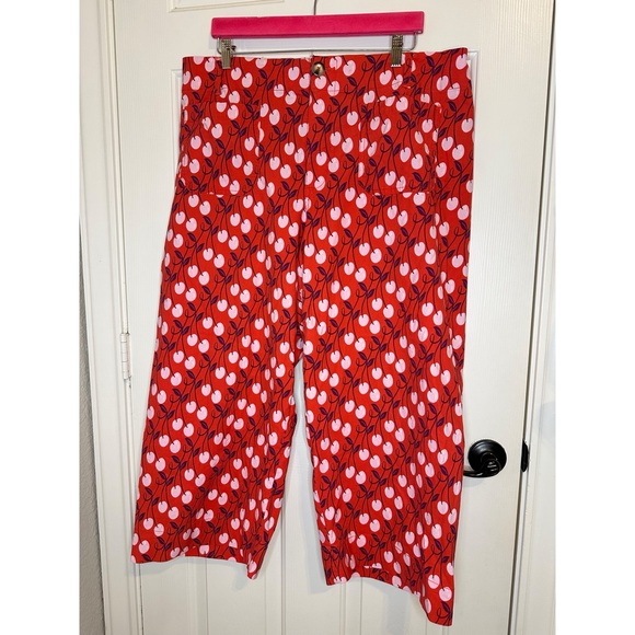 Anthro Maeve Red Pink Cherry Print The Colette High Rise Wide Leg Pant Sz 18W - Picture 2 of 10